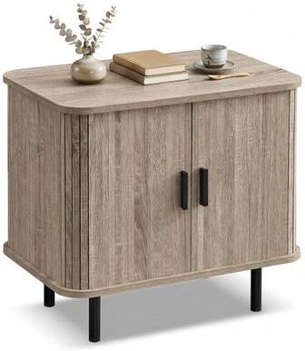 Costway End Table Modern Mid Century Nightstand with Sliding Tambour Doors and Storage Shelf-Natural