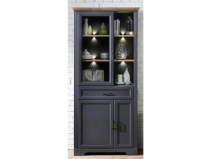 Lomadox Stand-Vitrine inkl. LED-Beleuchtung im Landhausstil Dekor Graphit und Artisan Eiche Nb.