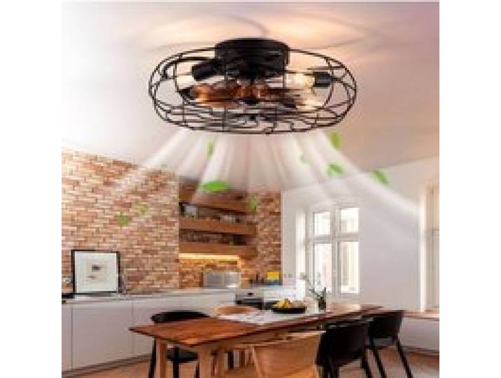 Plafonnier ventilateur noir 48 x 48 x 17 8 cm cage rétro 6 vitesses moteur réversible télécommande profil bas