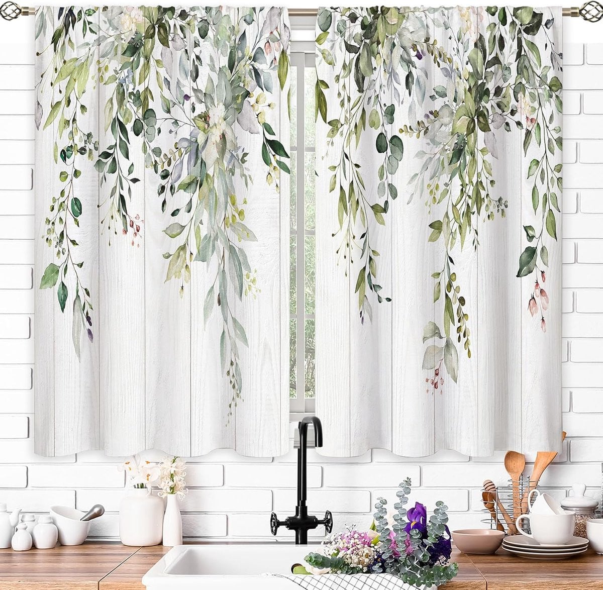 Semi-transparant keukengordijn met bloemenpatroon voor keuken, badkamer of woonkamer - B: 70 cm, H: 100 cm