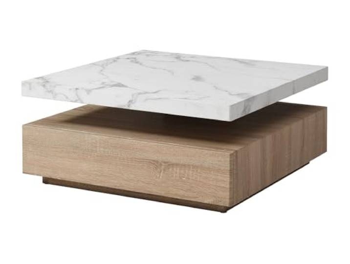 Vente-unique - Couchtisch drehbar - 1 Schublade - MDF - Marmor-Optik Weiß & Holzfarben - Kyria