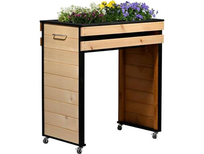 dobar® Hochbeet Wheely Gr. M für Rollstuhlfahrer - Pflanzkasten aus Holz aus Rollen mit Pflanzkübel - Kräuterbeet für Indoor und Outdoor - Balkon-Hochbeet, Natur