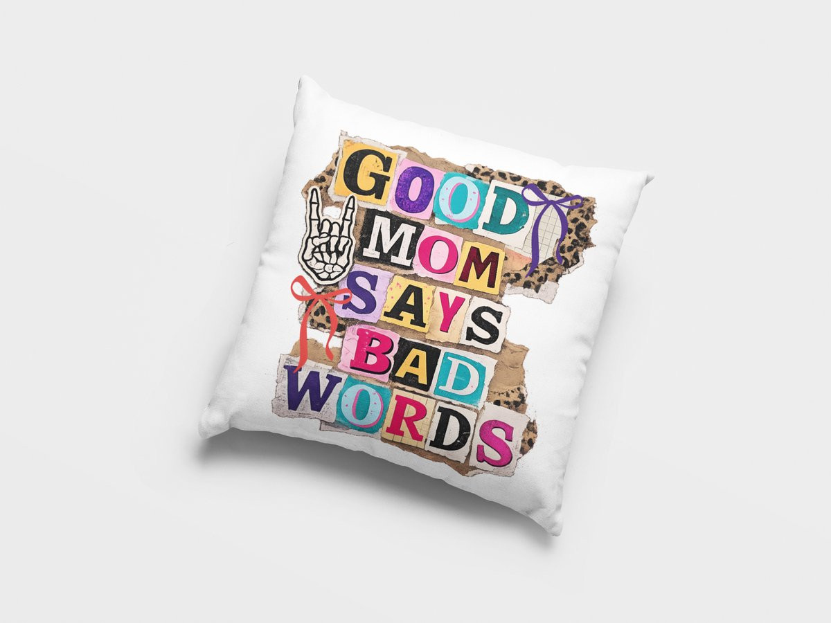 Sierkussen Good Mom Says Bad Words Y2K Collage met Luipaardprint en Skelet Hand