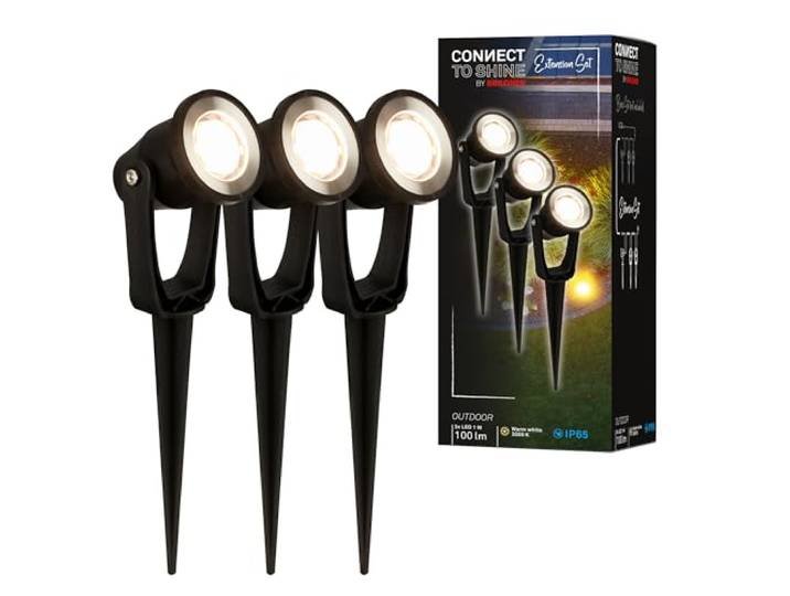 BRILONER - Système Connect to Shine 12V\, 3 Spots LED Avec Piquet de Terre\, Kit d'Extension\, IP65\, Lumière Blanc Chaud\, Éclairage de Jardin\, 22\,5x6x5 cm\, Noir