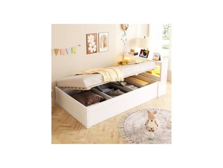 Lit Coffre - WESTYLE - 90x200 - Rembourré - Bois massif blanc - LED multicolore intégrée