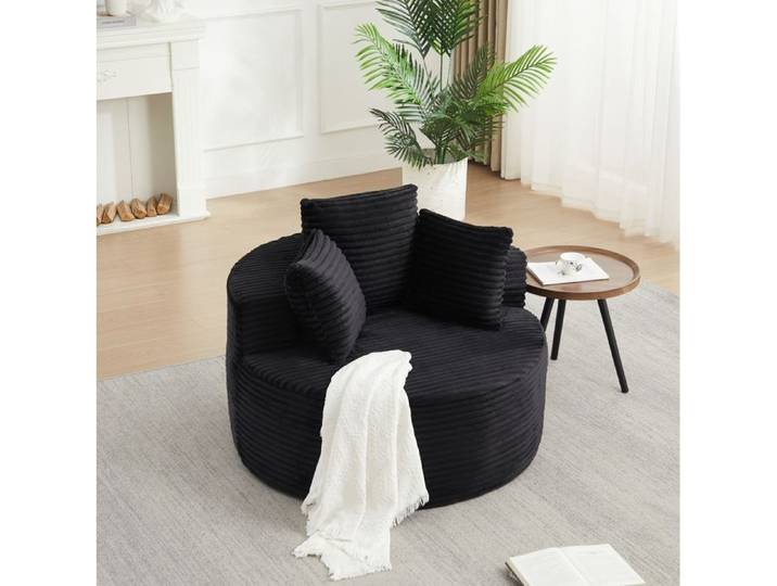 HOMVRA Fauteuil lounge rond 110 cm 1 place en tissu côtelé noir avec 3 coussins