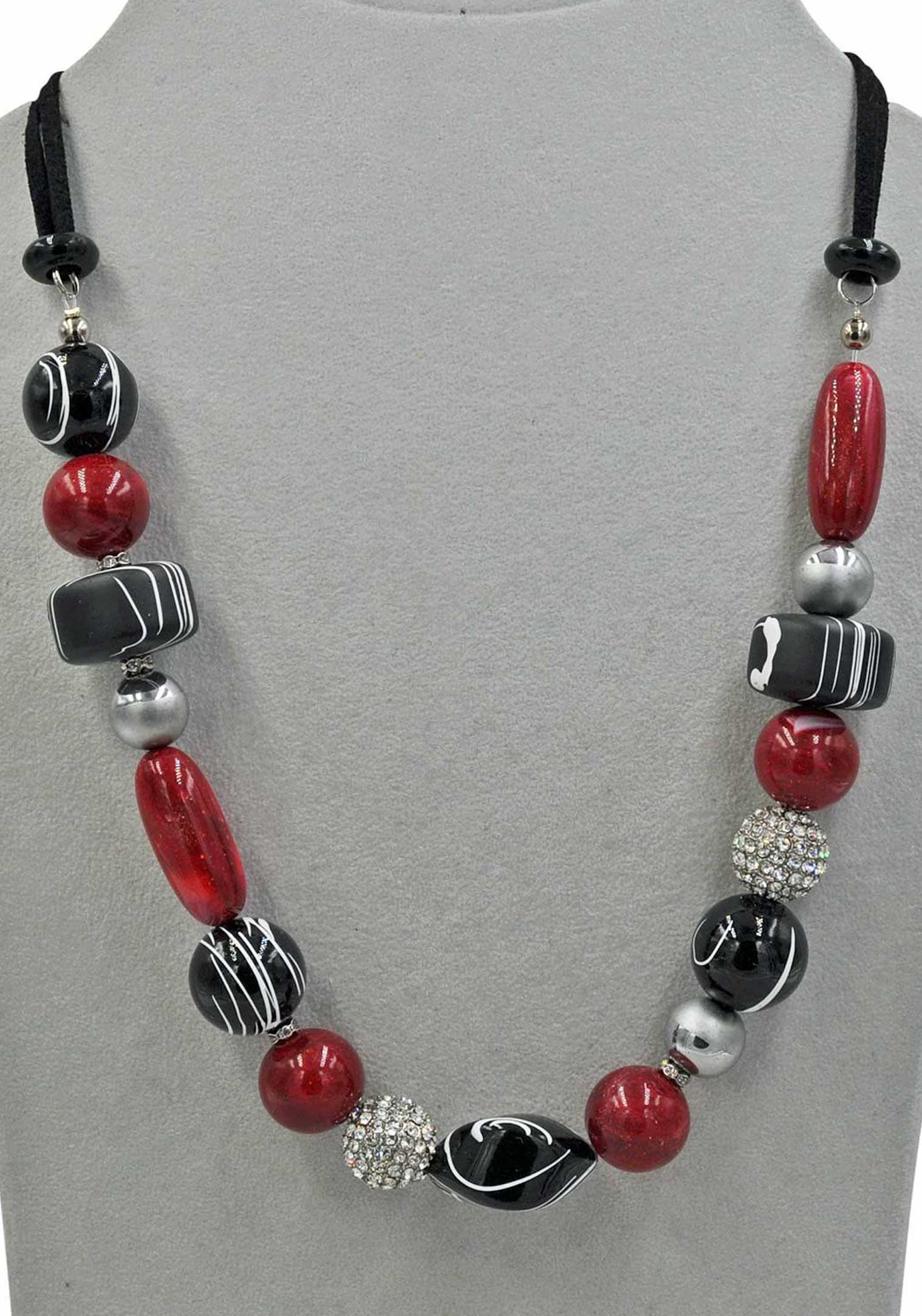 Collier FIRETTI "teilweise mehrreihig, rot, schwarz", weiss (metallfarben, schwarz, rot, weiß), Halsketten, Damen, Baumwolle Metall, L: 58,5, Baumwolle, Metall, Collier, Made in Germany - mit Hämatit, Glasstein metallfarben, schwarz, rot, weiß Baumwolle M