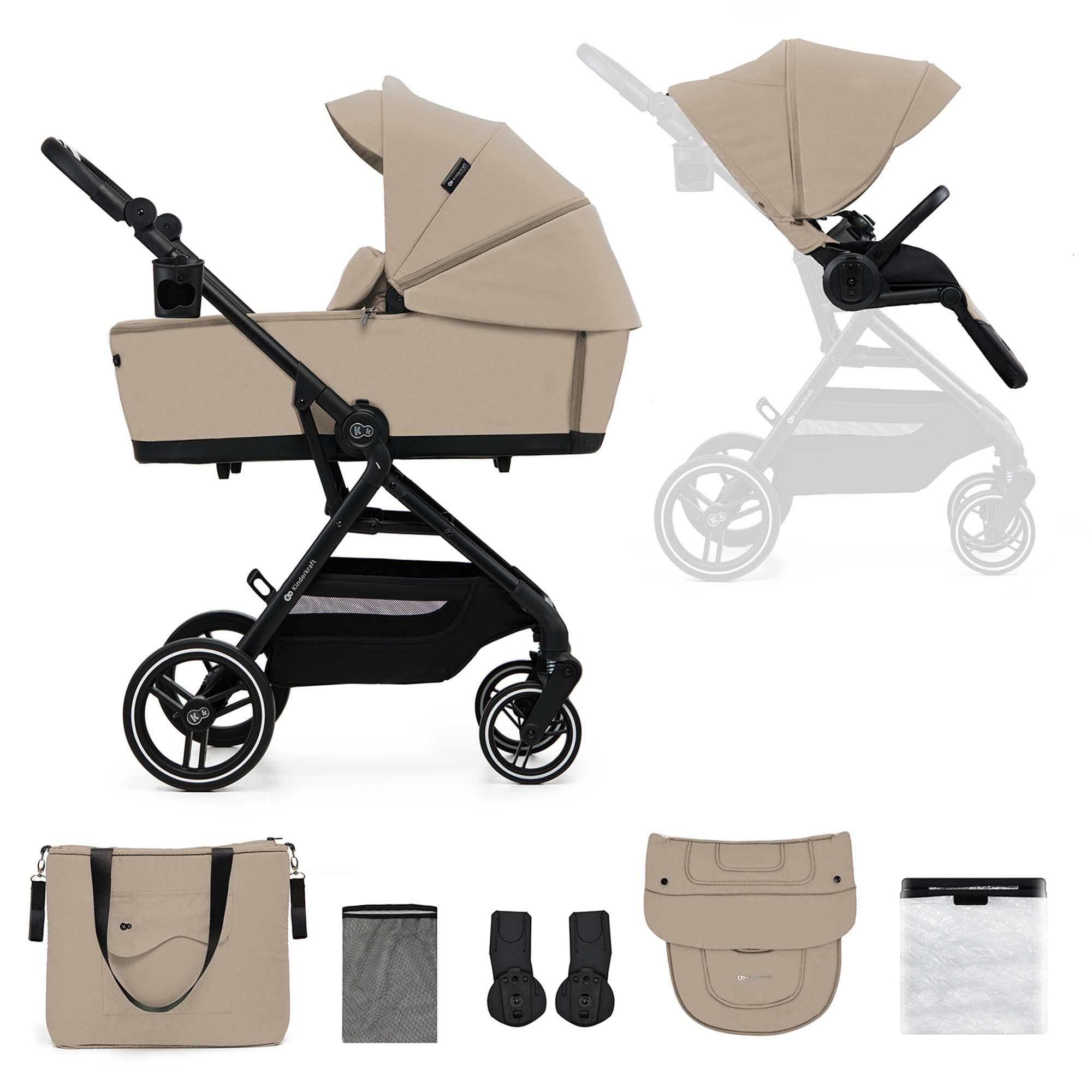 Kinderkraft YOXI 2-in-1 Kinderwagen bis 27 kg - Babywanne & Sportaufsatz - leicht - pannensichere Räder - TRAVEL SYSTEM - Beige