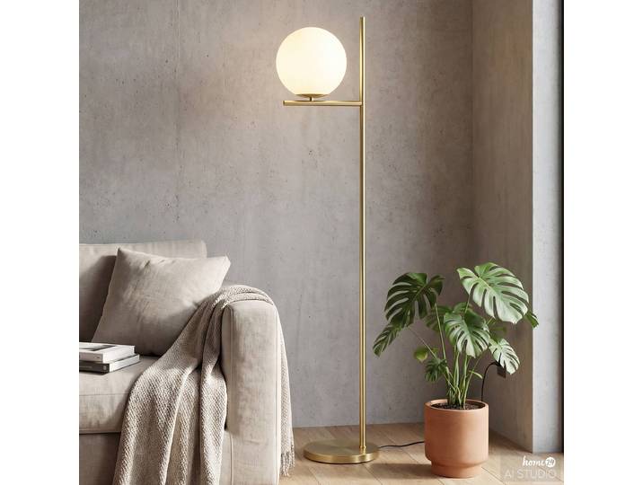 Lampadaire GLENA 25 x 150 x 36cm Blanc/Laiton Piètement : fer brossé Abat-jour : verre E27