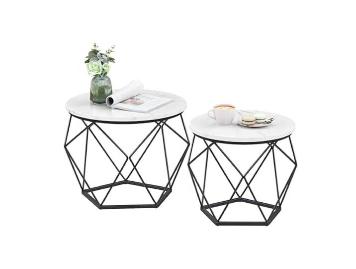 Relaxdays Couchtisch, 2er Set, Marmoroptik & Metall, weiß/schwarz