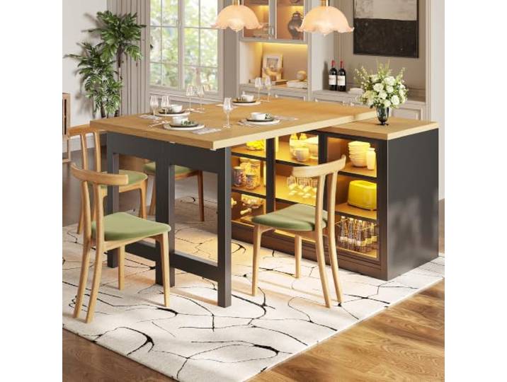 Aunvla Multifunktionaler Esstisch Seiten-Schrank Kombination, 360° drehbare, smartes Farblichtsystem, Kücheninsel Esszimmermöbel im modernen Design, Ausziehbarer Kücheninsel-Esstisch, Schwarz