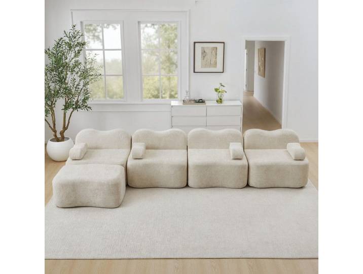 NuvlaGu - Canapé modulable 4 place avec pouf - Design nuage - Coussins d'accoudoirs et de dossier - Mousse haute densité 32D