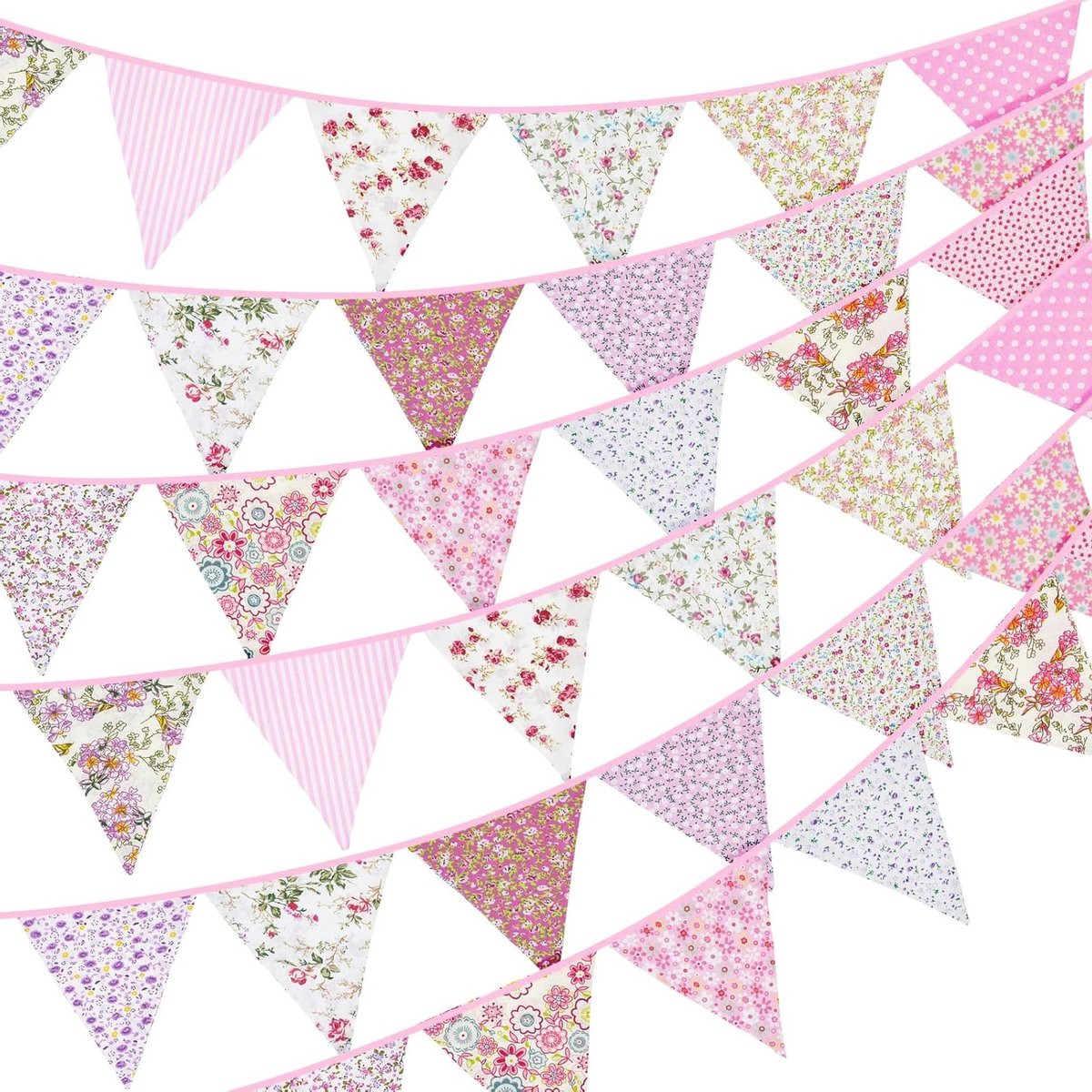 36 Stuks Dubbelzijdige Stoffen Bunting, 10m Roze Bloemen Katoenen Banner, 17x19cm Grote Driehoekige Garland Herbruikbaar voor Feestdecoratie Binnen en Buiten