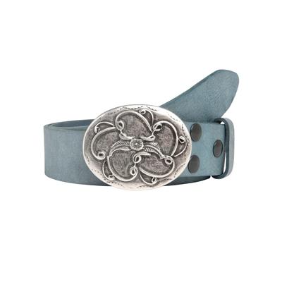 Ledergürtel RETTUNGSRING GÜRTEL, Damen, Gr. 105, blau (jeansblau), Leder, unifarben, Gürtel Ledergürtel, mit austauschbarer Schließe »Blume Schnörkel«