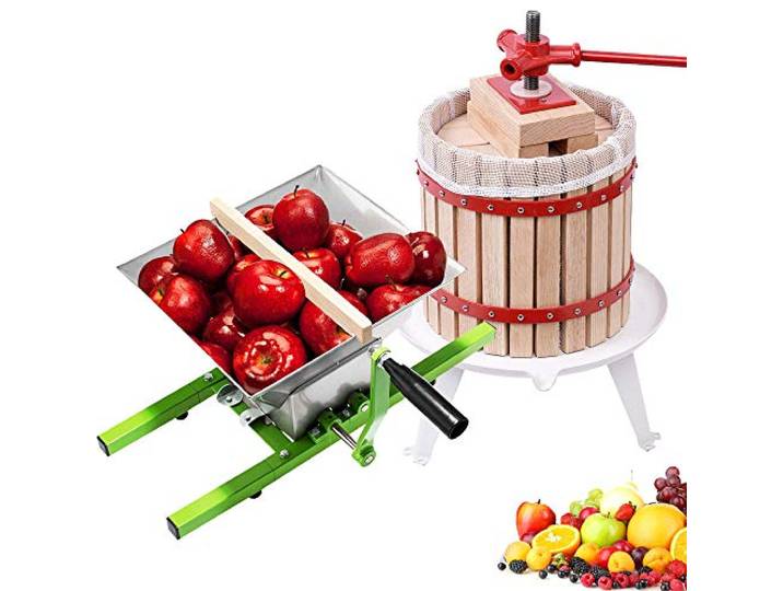 AufuN 12L Obstpresse Weinpresse aus Buchenholz + 7L Obstmühle Edelstahl Manuell Fruchtpresse Saftpresse Maischepresse inkl Handhaben und Presstuch Traubenmühle Maischemühle Zerkleinerer für Obst
