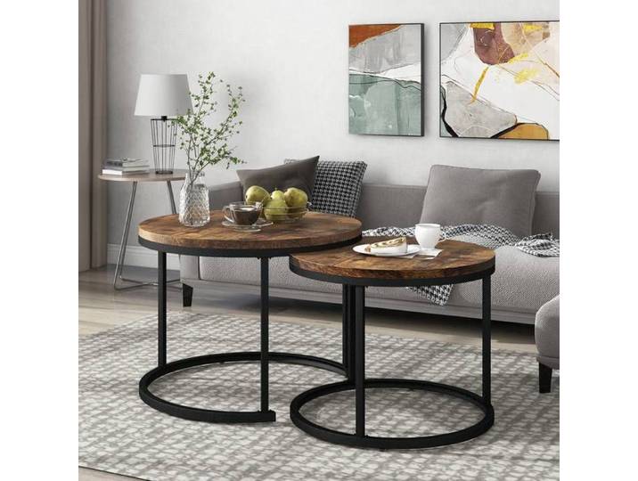 Lot 2 tables basses rondes superposables salon marron