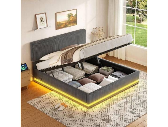 Lit coffre - KOMHTOM - 180x200 - Velours côtelé - LED réglable & USB-C - Grand rangement