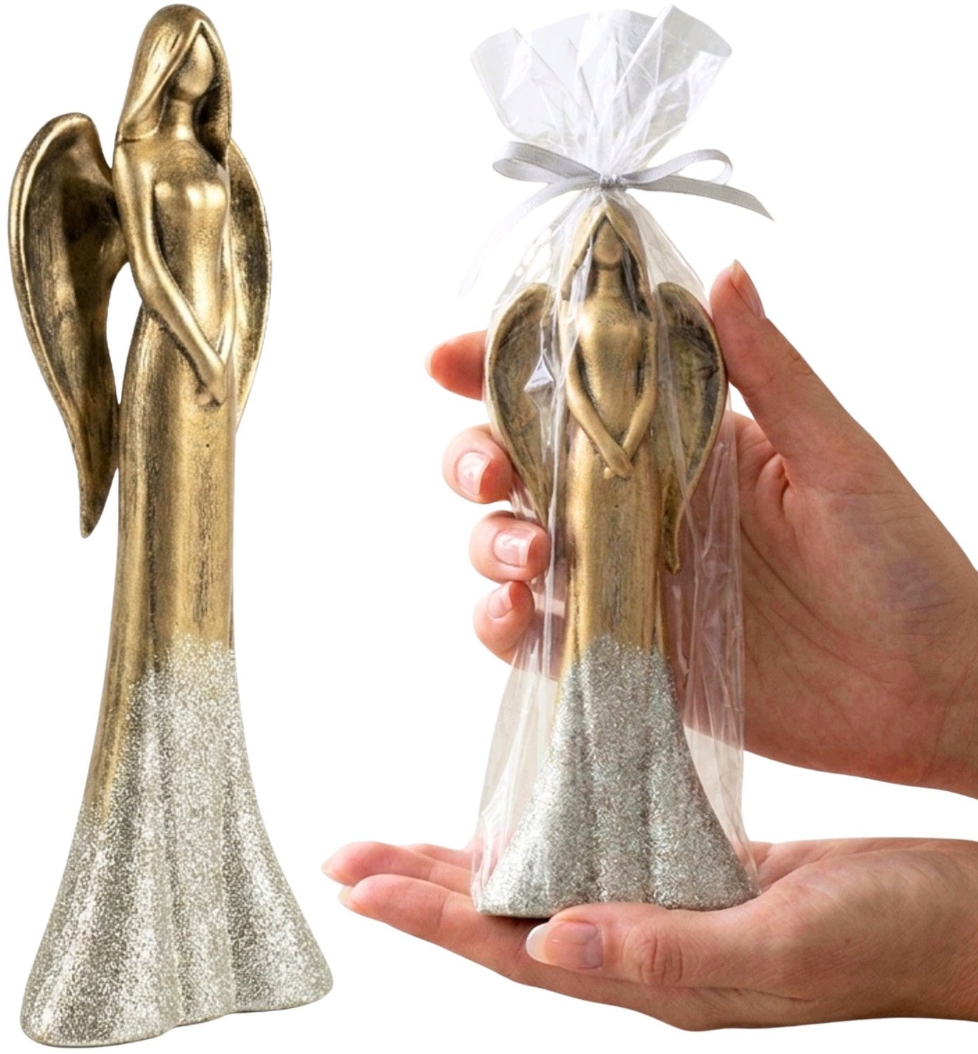 Gouden Keramiek Engel Figuur met Zilveren Glitter Decoratie 25cm