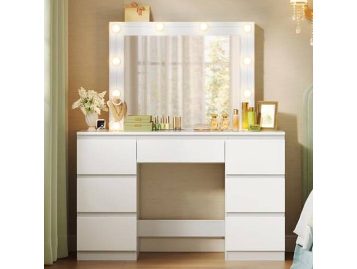 WOLTU Schminktisch mit Beleuchtung Hollywood, 7 Schubladen Mit Spiegel und 10 Lampen, Helligkeit Einstellbar, Frisiertisch 107 cm, Moderne Möbel für Schlafzimmer, aus Holz, Weiß