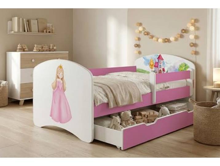 Happy Babies Kinderbett Kinderbett mit Rausfallschutz und Bettschublade, Ideales Bett für Mädchen und Jungen 160x80 mit Matratze, Rose Bett Prinzessin, Set, farbenfroh (Nr 157, 160x80)