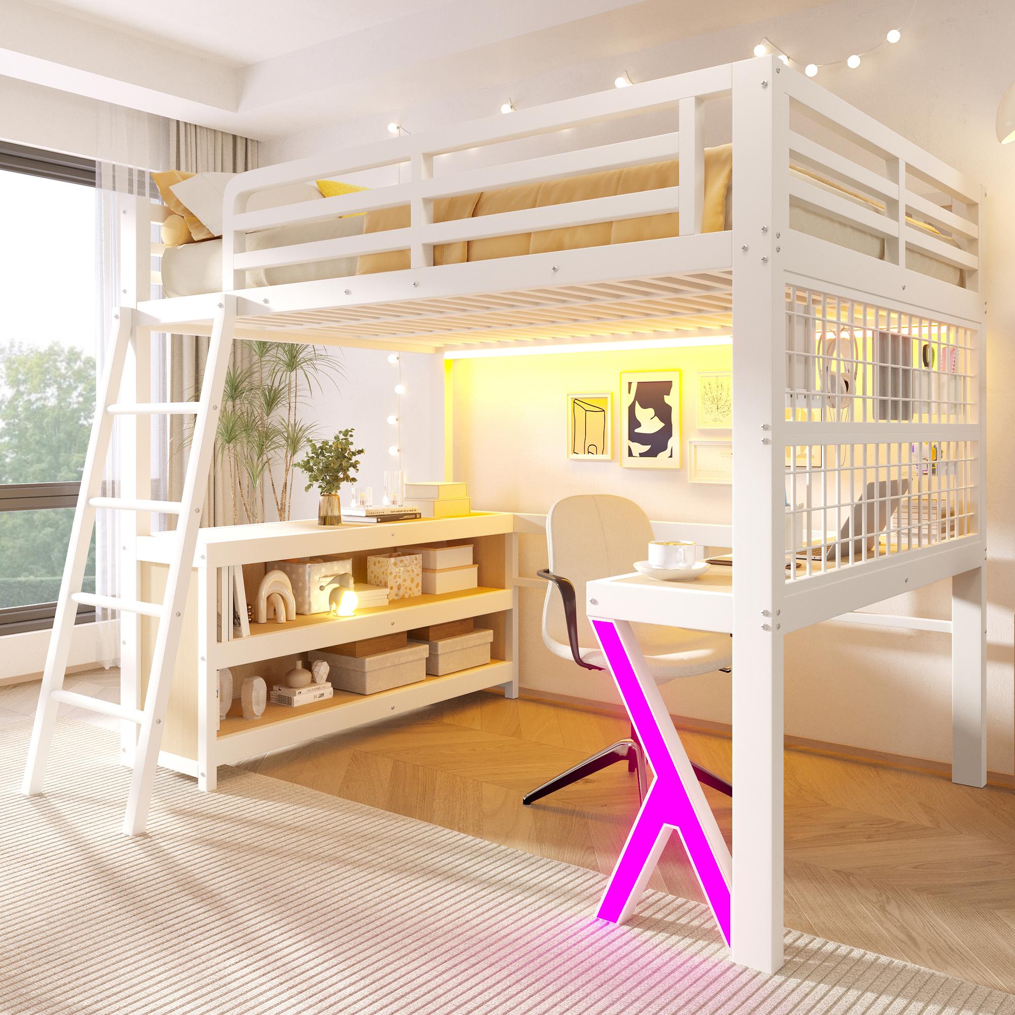 Hochbett, 140 x 200 cm, Tisch, LED - Lichtleiste, Aufbewahrungsschrank, Ohne Matratze, Weiß