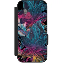 Nivocase Klapphülle für Google Pixel 9a Handyhülle aus Kunst Leder NIVOflip schwarz Blumen Neon bunt (Google Pixel 9a), Smartphone Hülle, Mehrfarbig, Schwarz