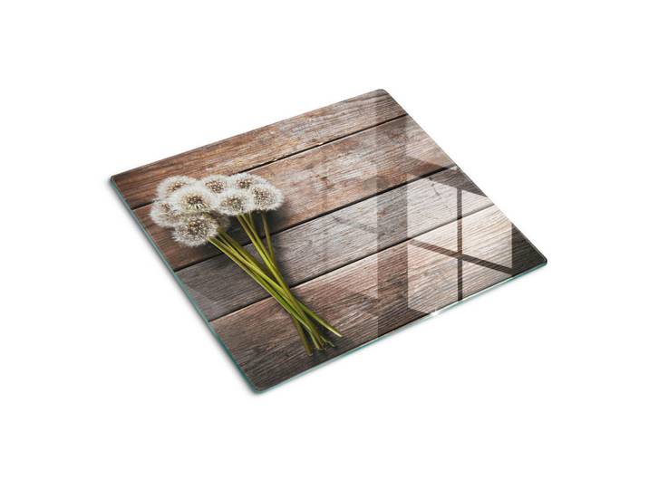 Tulup Glasplatte 60x52 cm Löwenzahn auf Brettern, Braun, Glas, 60x0.4x52 cm, Küchen, Küchenelektrogeräte, Herde, Herdabdeckplatten