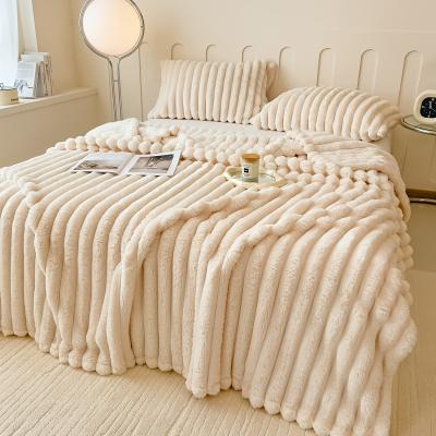 Shop Station Thick Wide Striped Flannel Blanket Soft Waterproof Sofa Throw & Cozy Bed Blanket milk White 39.37 59.06 In