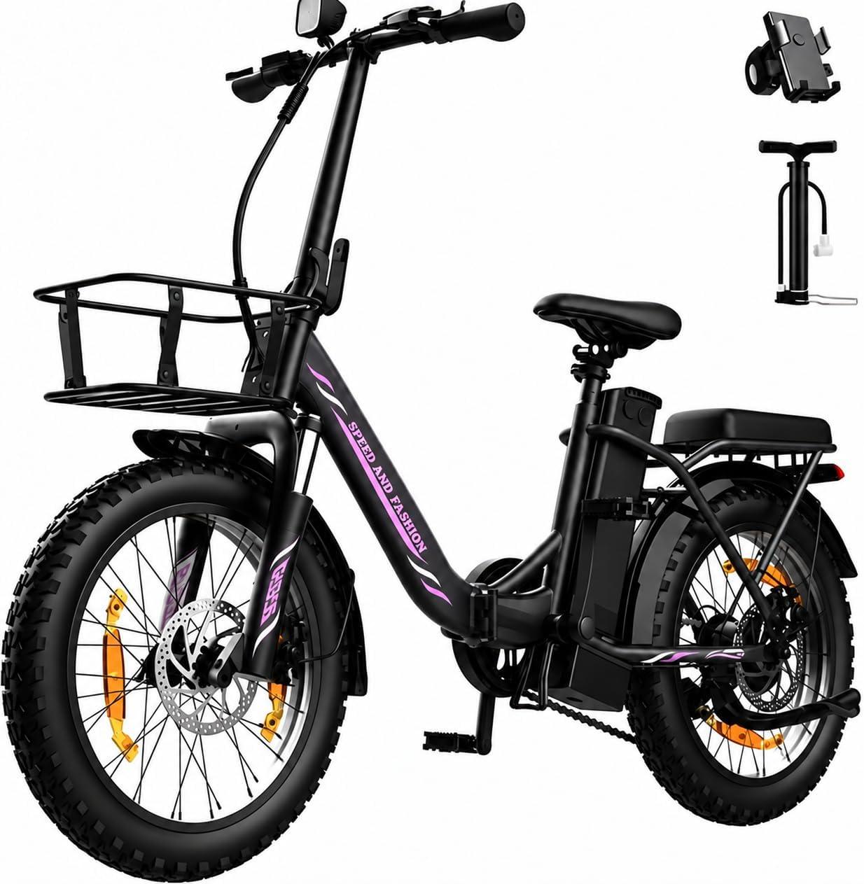 Runetic Ebike, Foldable e-bikes, 250W Motor, 36V 13Ah herausnehmbarer Akku, bis zu 80 km Reichweite, 25 km/h, 20" x 3,0" Breitreifen - Schwarz