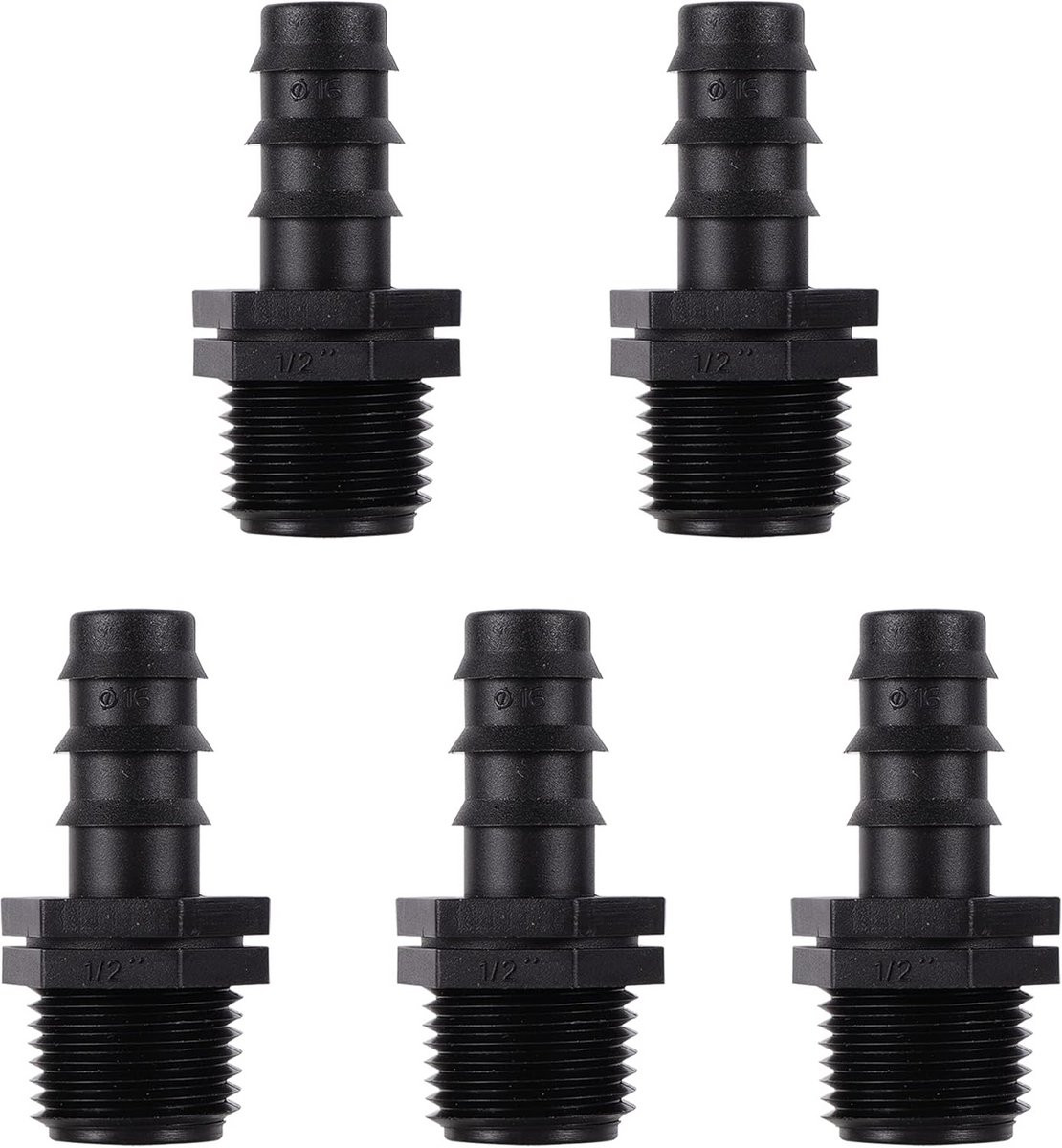 Set van 5 zwarte plastic druppelslang verbindingen van DN16 naar 1/2 inch schroefdraad voor tuinirrigatie