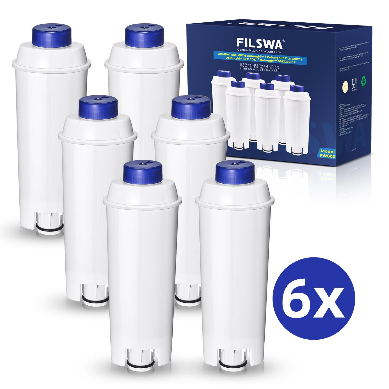 Filswa Waterfilter voor De'Longhi koffiemachines, vervangend filter compatibel met DLSC002, ECAM, ESAM, ETAM, BCO en EC-series