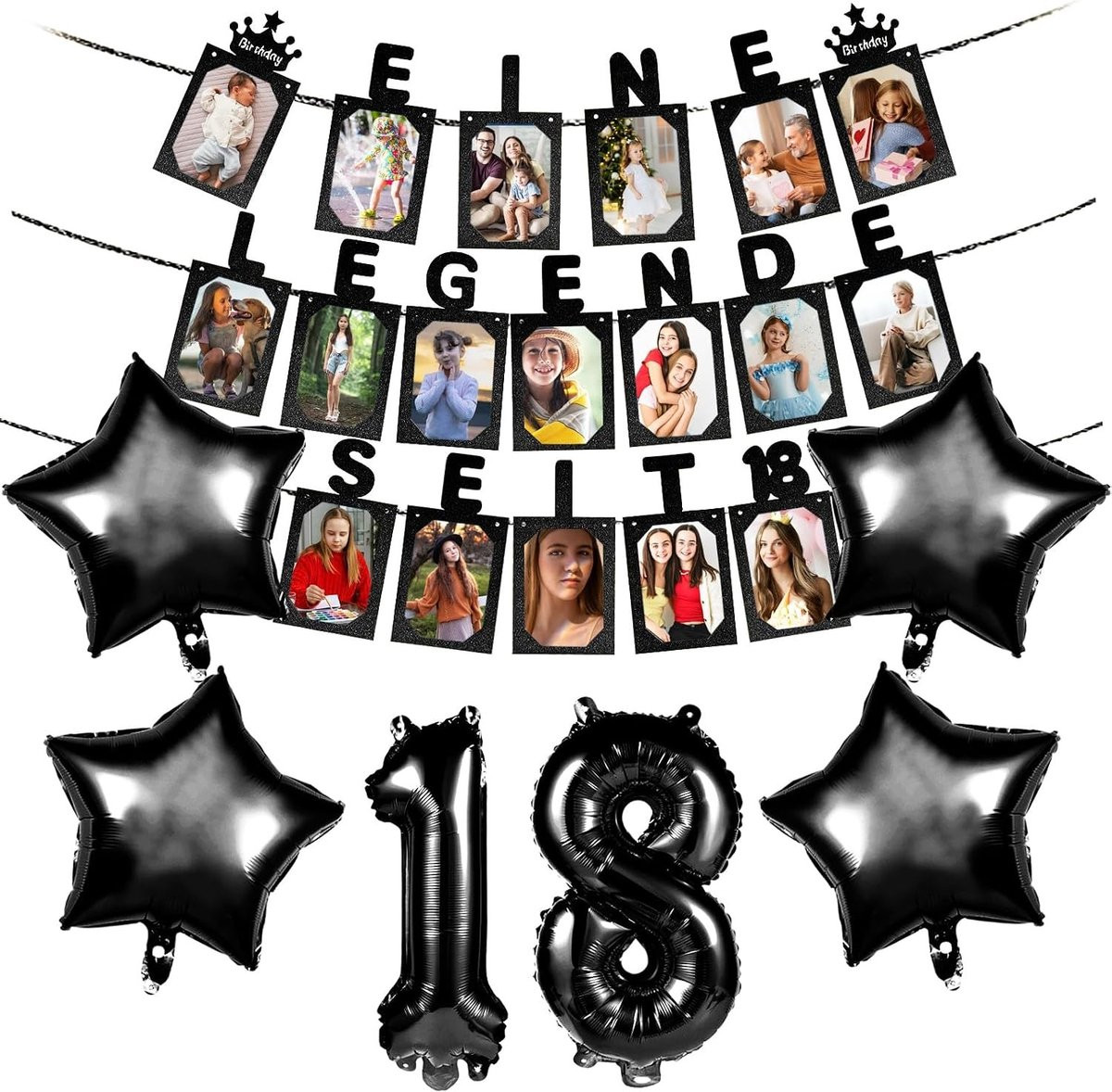 Feestelijke fotogirlande voor 18e verjaardag met 18 glitterkaarten voor decoratie