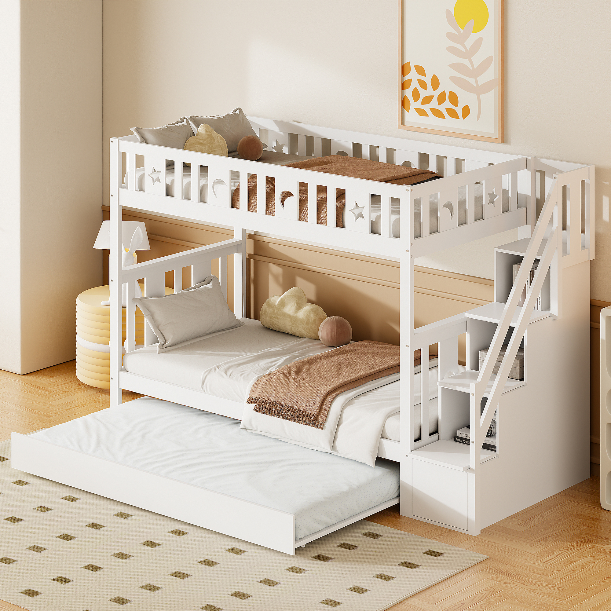 Merax Etagenbett mit Unterbett, Hochbett mit Treppe, Kinderbett mit Lattenrost und Rausfallschutz, Massivholzbett Stockbett 90x200cm/90x190cm, Weiß