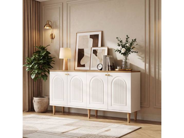 Enfilade 140x35x71cm Grand Rangement 4 Portes Buffet Bas Design Soigné Scandinave en MDF 4 Compartiments Pieds Bois