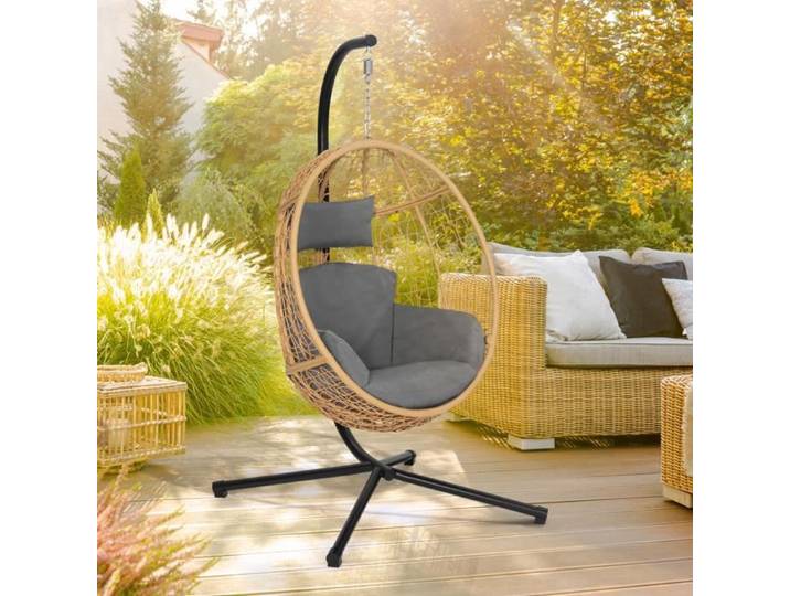 IDMARKET Fauteuil oeuf suspendu ajouré effet rotin avec coussin noir