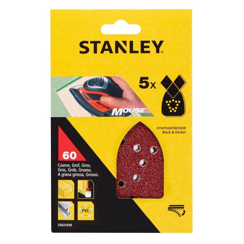 Stanley 5Stk. Mouse-Schleifpapier K60, Klettfix, Super, fuer Holz, Metall, Mauerwerk/Putz, Kunststoff, Farb (K60) (STA31039-XJ)