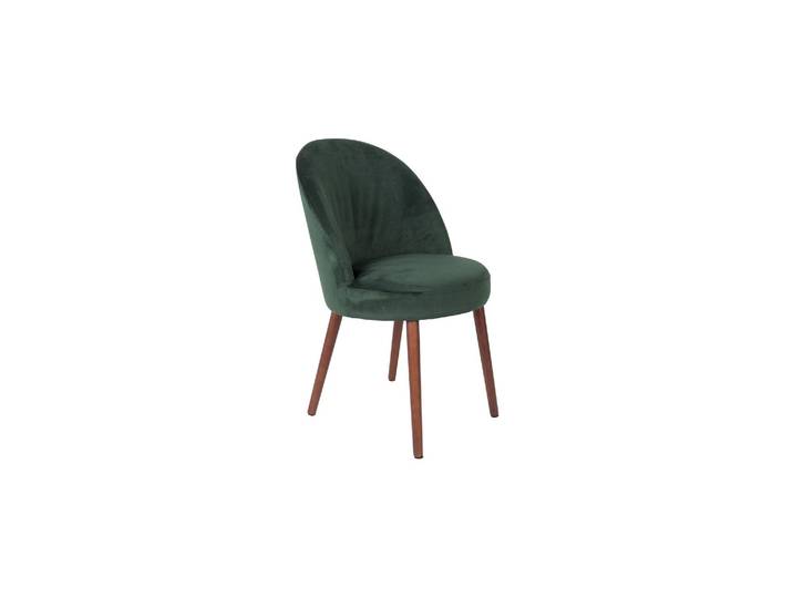 Chaise en velours vert, dossier incliné, assise moelleuse, pieds
