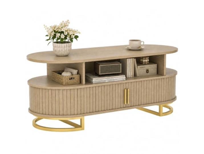 HOMCOM Couchtisch im Mid-Century-Modern-Stil, oval, mit Schiebetüren in Tambour-Optik, verdecktem Stauraum, offenen Ablagen und goldfarbenen Metallbeinen, Eichenoptik