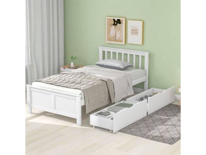DRIPEX Lit Simple en bois 90x200cm avec deux tiroirs de rangement Lit Enfant avec sommier cadre en pin Blanc