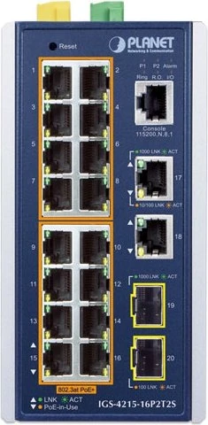 Planet Technology Industrial 16-Port PoE+ Managed Switch IGS-4215-16P2T