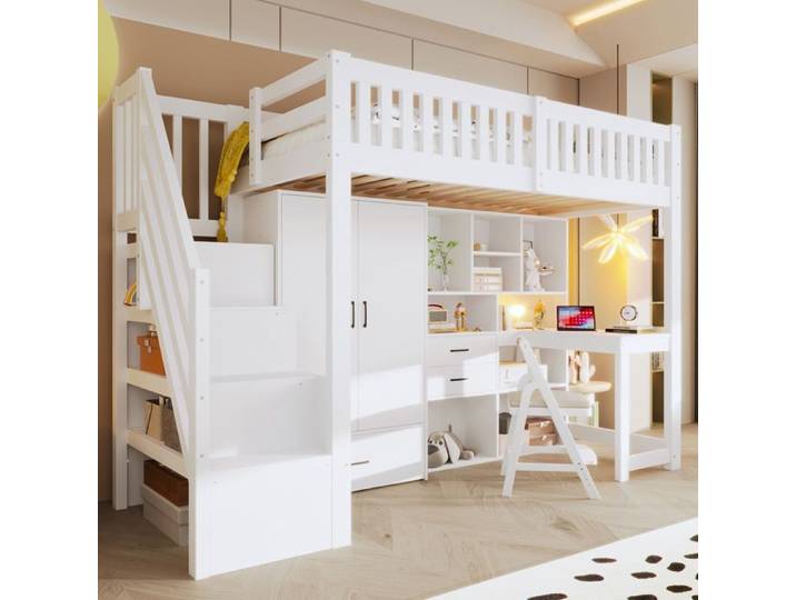 Lit mezzanine enfant 90×200cm lit superposé avec bureau et armoire avec fonction rangement lit simple moderne et simple blanc