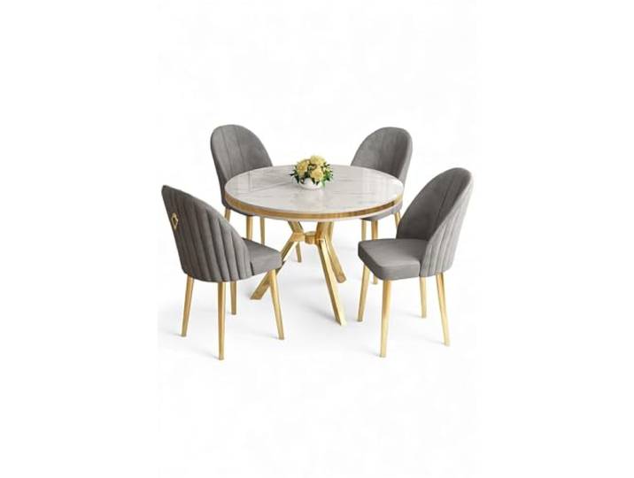 Hanah Home Elegant 5-Piece Dining Table & Chairs Set, White Marble & Gold, Metal Legs, Modern Design 90 cm Table & Comfortable Babyface Fabric Chairs Perfect for Stylish Dining Rooms