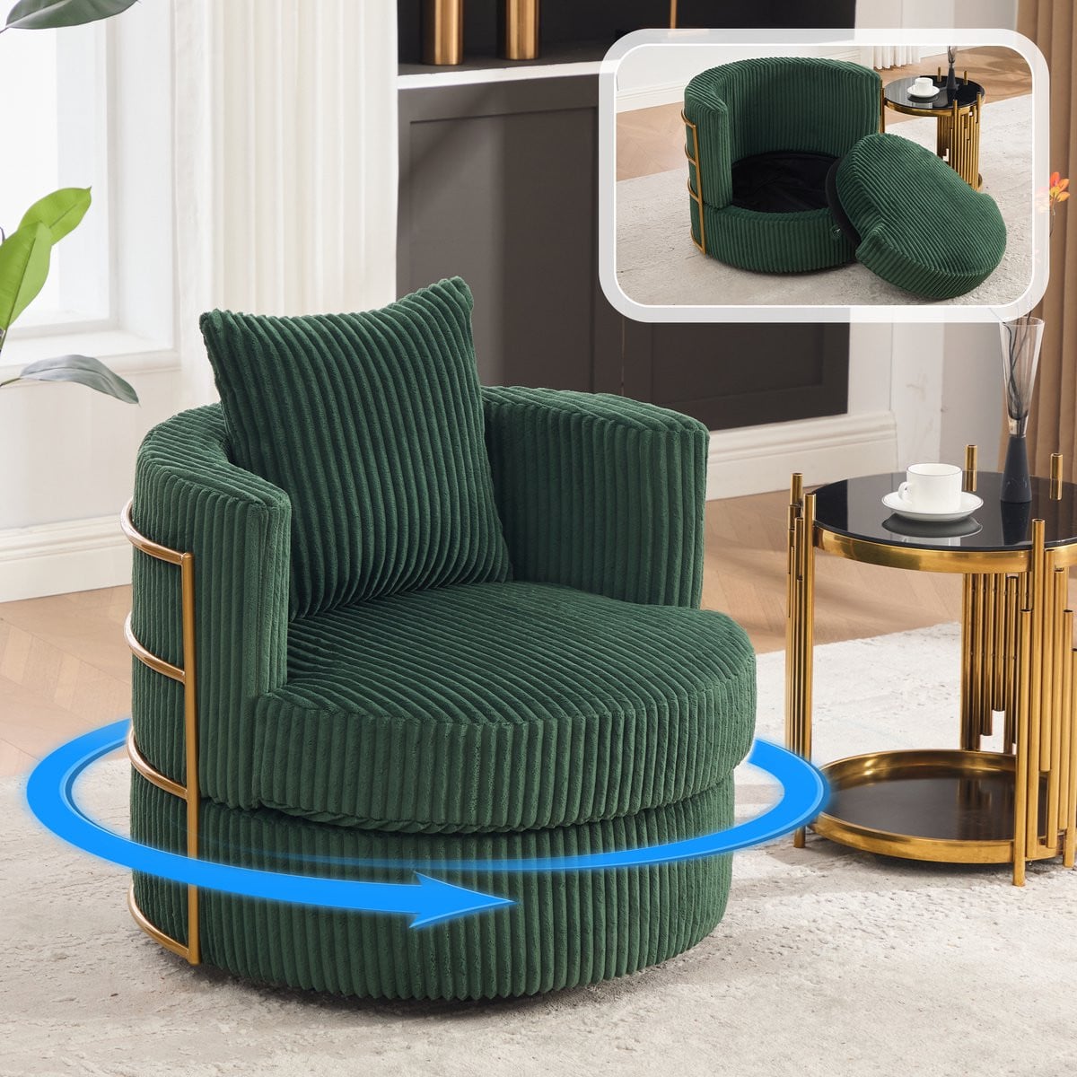 Draaifauteuil Cord - 360 graden draaibaar met opbergruimte - Donkergroen
