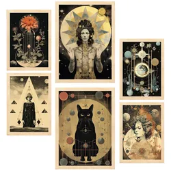 POSTER Set Mit 6 Mystischen Esoterischen Für Frauen A3 & A4 Rahmen Aus Hellem Holz