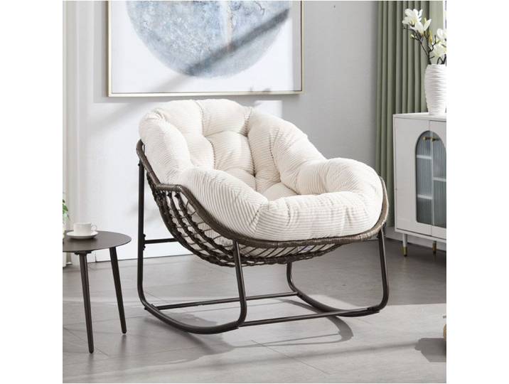 Rocking-chair 1 Place avec Coussin Rembourré - TCQPZ - Rotin Synthétique Tressé Main Acier Blanc et Marron