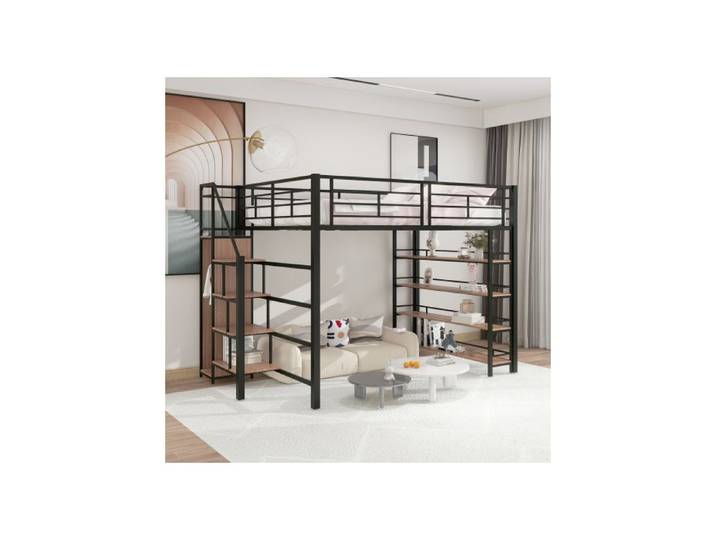 Lit mezzanine - MUVOE - 140x200 cm - Noir - Escalier de rangement - Haute clôture de sécurité