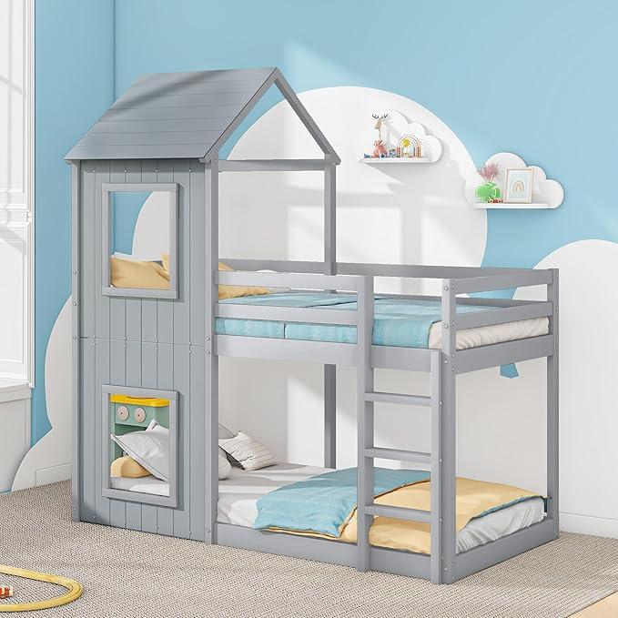 Etagenbett mit Leiter, Kinder Hausbett Hochbett mit Rausfallschutz und Lattenrost, Holz Baumhausbett für Mädchen & Jungen, Spielbett mit Baldachin, 200x90cm, Grau