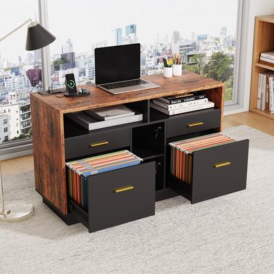 Garvee Particle Board Lockable 4 Drawer File Cabinet with Outlets Black Brown