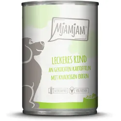 MJAMJAM Leckere Mahlzeit 400g Hundenassfutter Sparpaket 12 x 400 Gramm leckeres Rind an gekochten Kartoffeln mit knackigen Erbsen