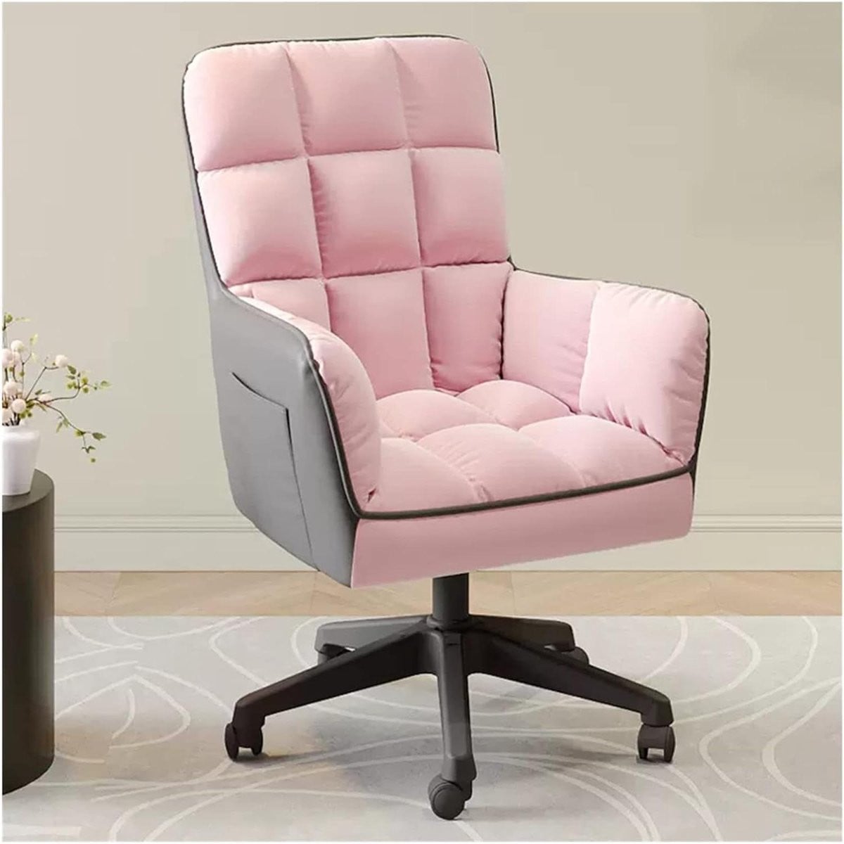 Ergonomische Draaifauteuil met Hoge Rug en Wielen - Roze